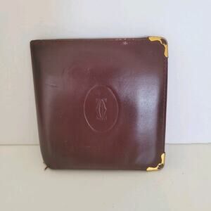 Must De Cartier Men's Bifold Leather Bordeaux‎ Red Wallet Medium Retro Bill Fair